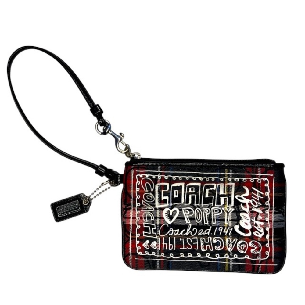 Coach Poppy Red Black Silver Glitter Tartan Plaid Zip Wristlet Patent Trim. Rare - Picture 1 of 12